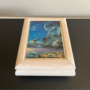 Wooden Jewelry Sankyo Music Box Tile Art Maui Hawaii Whales Dolphins Fish Marine
